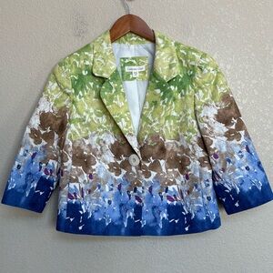 Coldwater Creek Petite 4 Cropped Floral Cotton Blazer Jacket P4 Green Blue